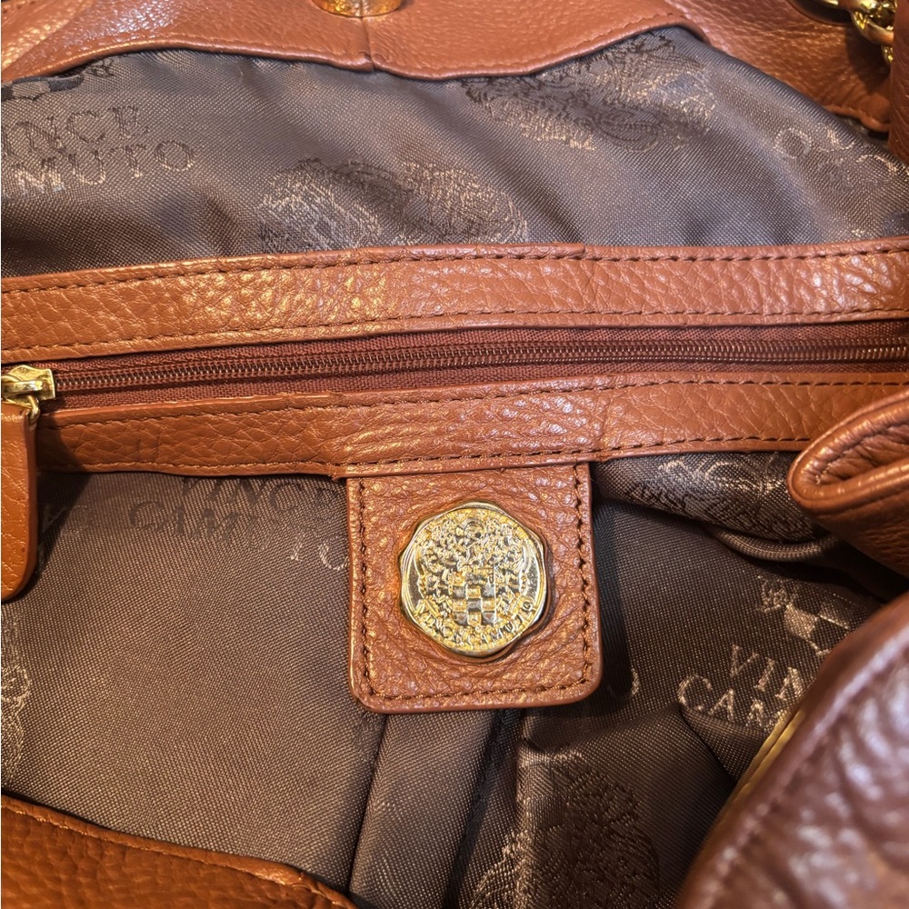 Vince Camuto Tan/Brown Leather Satchel with Gold Emblem
